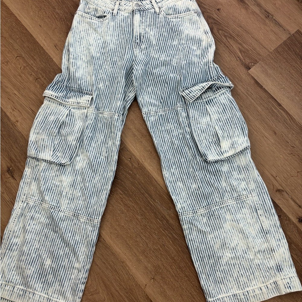 Striped Light Blue Cargo Pants for Women
